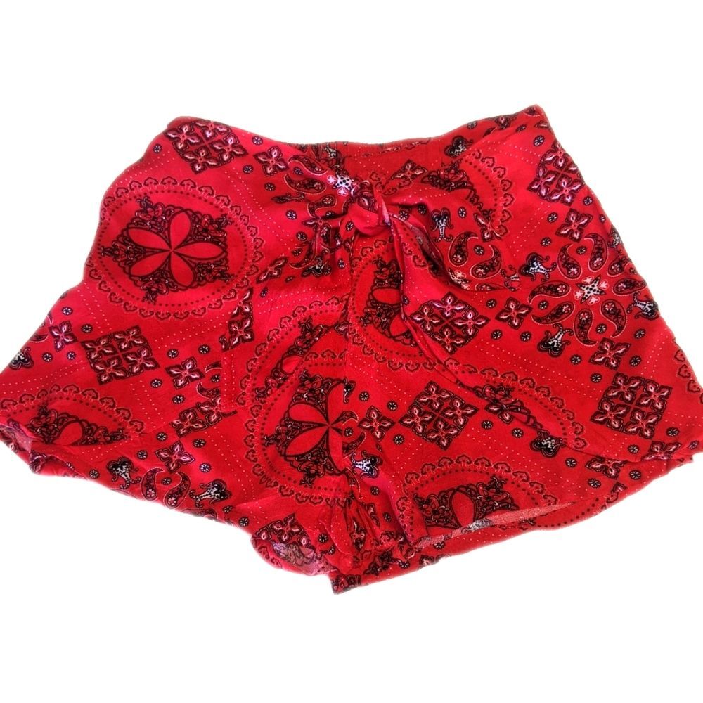 Venus red bandana print shorts, wrap and tie front, 100% rayon, XS